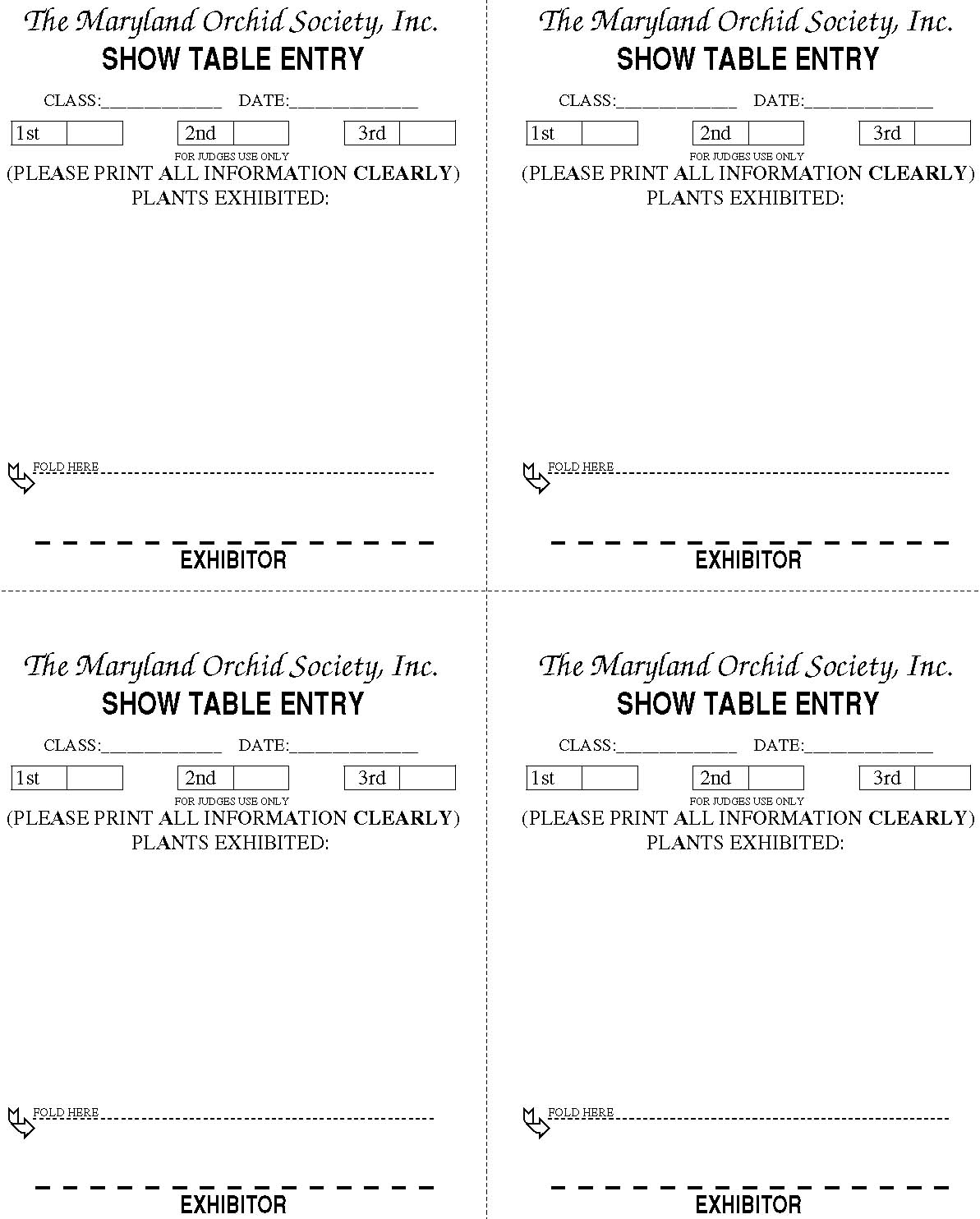 Maryland Orchid Society Show Table Entry Form